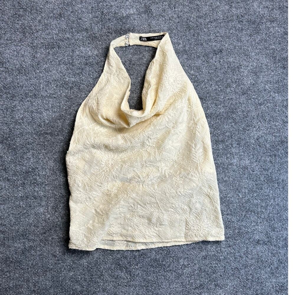 Zara Halter Top Womens XS Cream Floral Embroidered Cowl Neck Open Back Tie